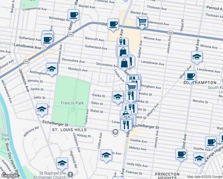 map of restaurants, bars, coffee shops, grocery stores, and more near 4918 Clifton Avenue in St. Louis