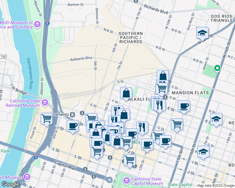 map of restaurants, bars, coffee shops, grocery stores, and more near 510 8th Street in Sacramento