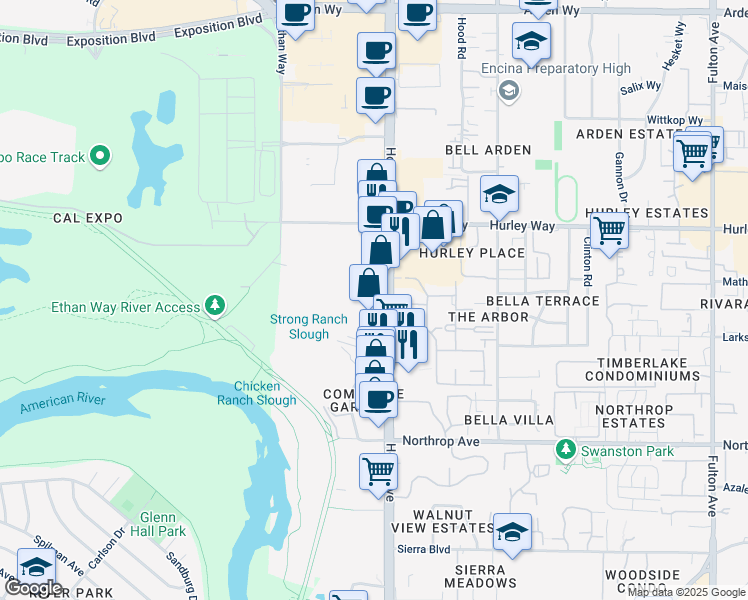 map of restaurants, bars, coffee shops, grocery stores, and more near 1111 Howe Avenue in Sacramento