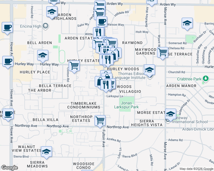 map of restaurants, bars, coffee shops, grocery stores, and more near 1148 Fulton Avenue in Sacramento