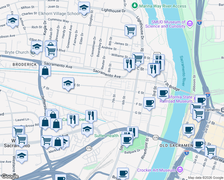 map of restaurants, bars, coffee shops, grocery stores, and more near 520 7th Street in West Sacramento