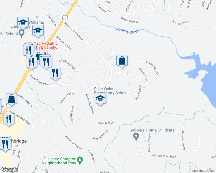 map of restaurants, bars, coffee shops, grocery stores, and more near 2684 McGuffeys Court in Woodbridge