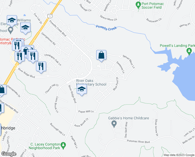 map of restaurants, bars, coffee shops, grocery stores, and more near 16829 Miranda Lane in Woodbridge