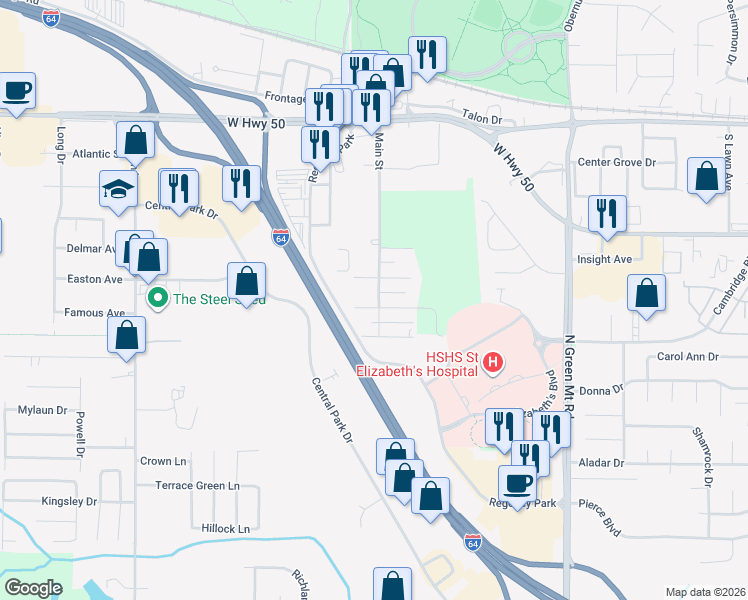 map of restaurants, bars, coffee shops, grocery stores, and more near 302 Main Street in O'Fallon