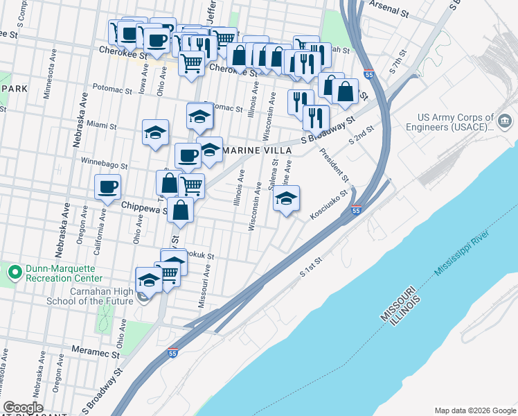map of restaurants, bars, coffee shops, grocery stores, and more near 3746 Wisconsin Avenue in St. Louis