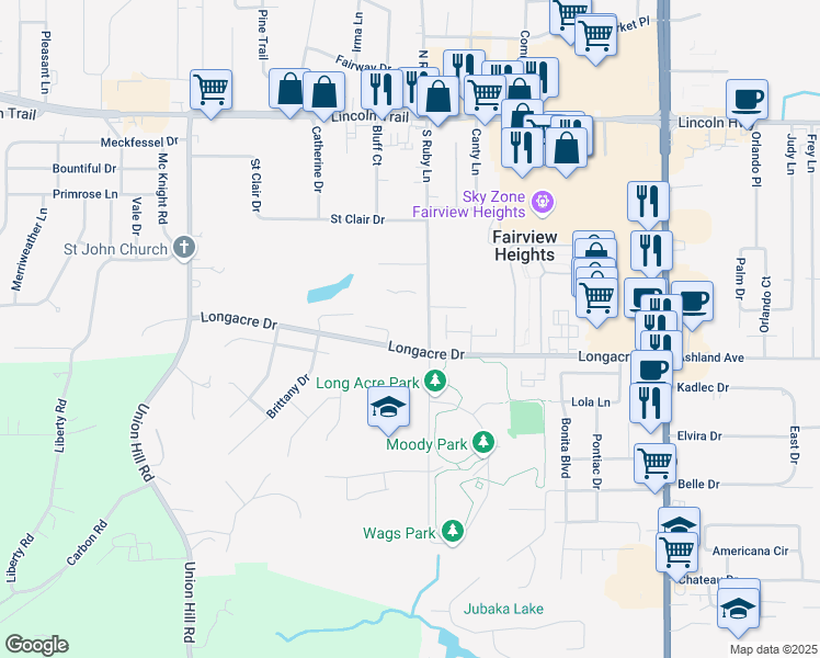 map of restaurants, bars, coffee shops, grocery stores, and more near 350 South Ruby Lane in Fairview Heights