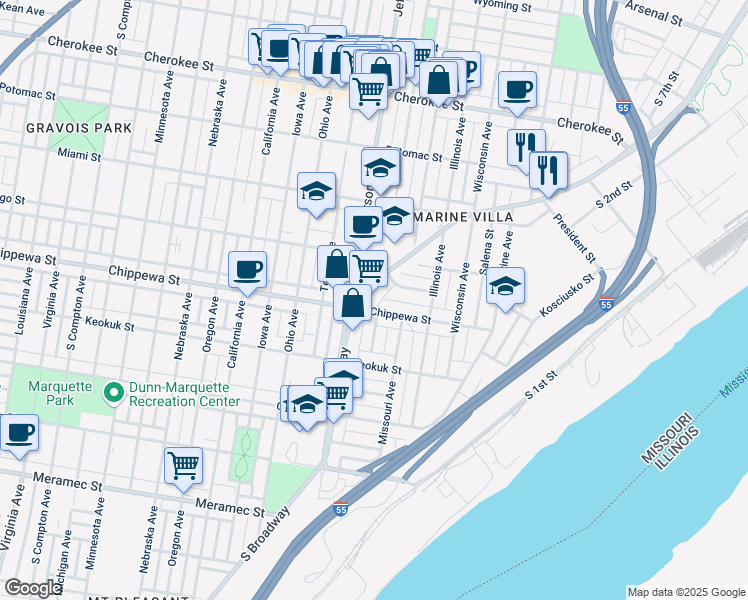 map of restaurants, bars, coffee shops, grocery stores, and more near 3800 South Broadway in St. Louis