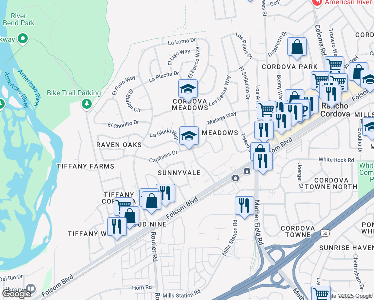 map of restaurants, bars, coffee shops, grocery stores, and more near 2800 La Loma Drive in Rancho Cordova