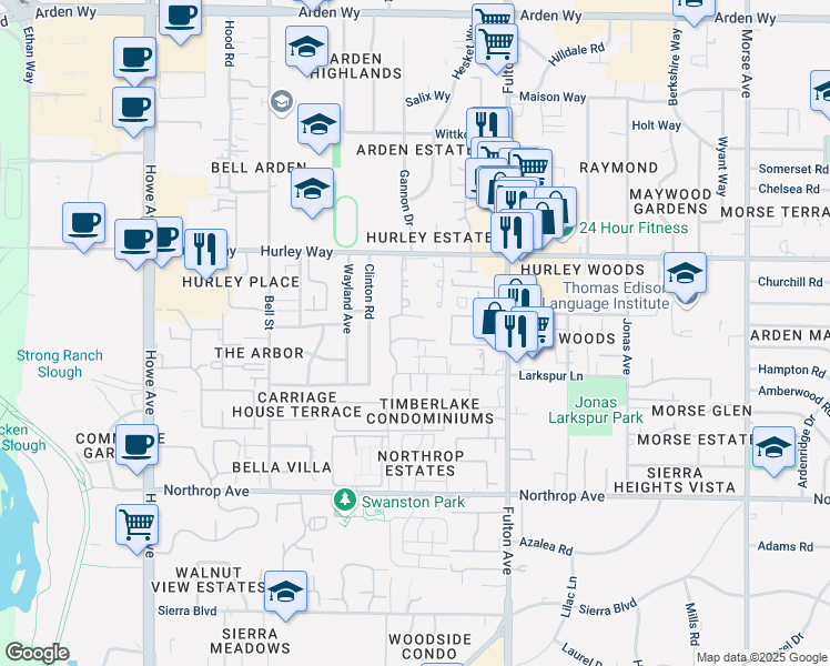 map of restaurants, bars, coffee shops, grocery stores, and more near 2407 Larkspur Lane in Sacramento