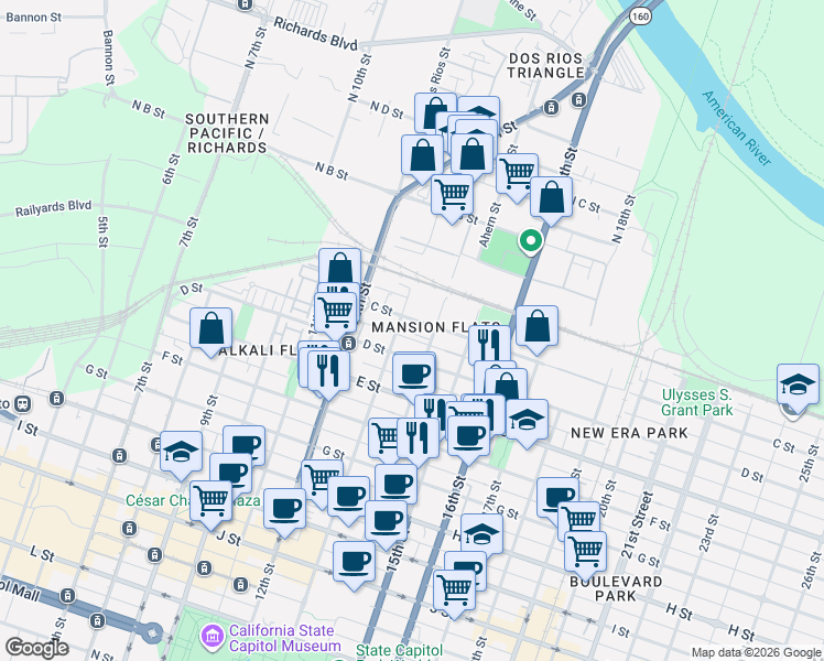 map of restaurants, bars, coffee shops, grocery stores, and more near in Sacramento