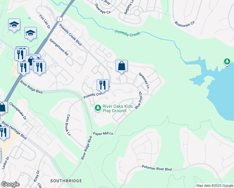 map of restaurants, bars, coffee shops, grocery stores, and more near 16829 Miranda Lane in Woodbridge