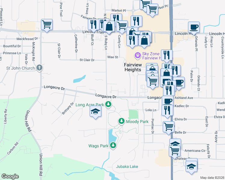 map of restaurants, bars, coffee shops, grocery stores, and more near 21 Emerald Lane in Fairview Heights