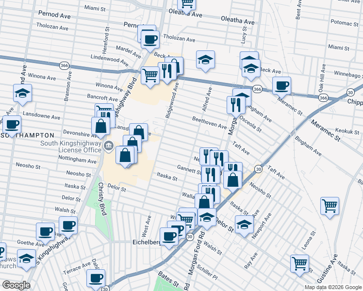 map of restaurants, bars, coffee shops, grocery stores, and more near 4437 Neosho Street in St. Louis
