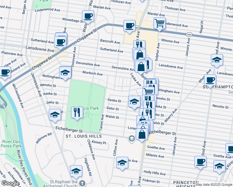 map of restaurants, bars, coffee shops, grocery stores, and more near 6234 Nottingham Avenue in St. Louis