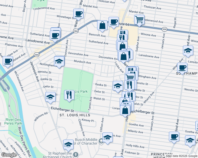 map of restaurants, bars, coffee shops, grocery stores, and more near 4930 Tamm Avenue in St. Louis