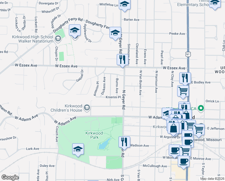 map of restaurants, bars, coffee shops, grocery stores, and more near 408 Longfellow Avenue in Kirkwood