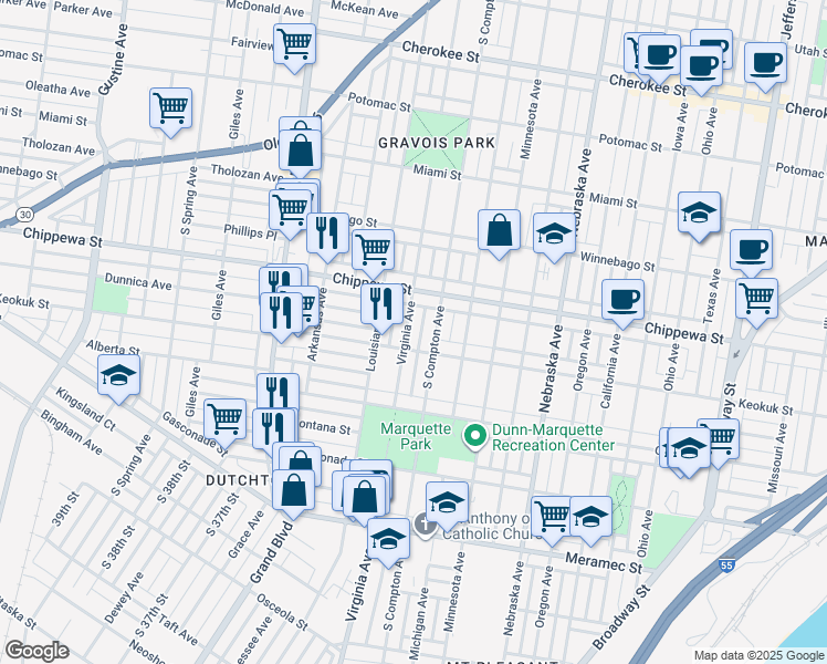 map of restaurants, bars, coffee shops, grocery stores, and more near 3842 Virginia Avenue in St. Louis