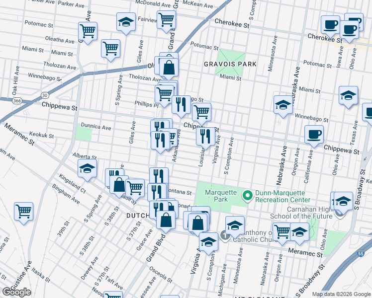 map of restaurants, bars, coffee shops, grocery stores, and more near 3456 Keokuk Street in St. Louis