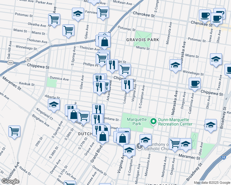 map of restaurants, bars, coffee shops, grocery stores, and more near 3437 Keokuk Street in St. Louis