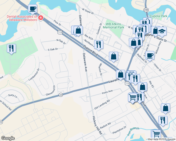 map of restaurants, bars, coffee shops, grocery stores, and more near 121 Delaware Avenue in Millsboro