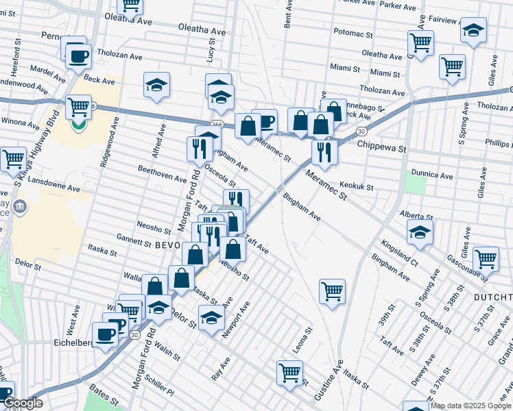 map of restaurants, bars, coffee shops, grocery stores, and more near 4405 Gravois Avenue in St. Louis