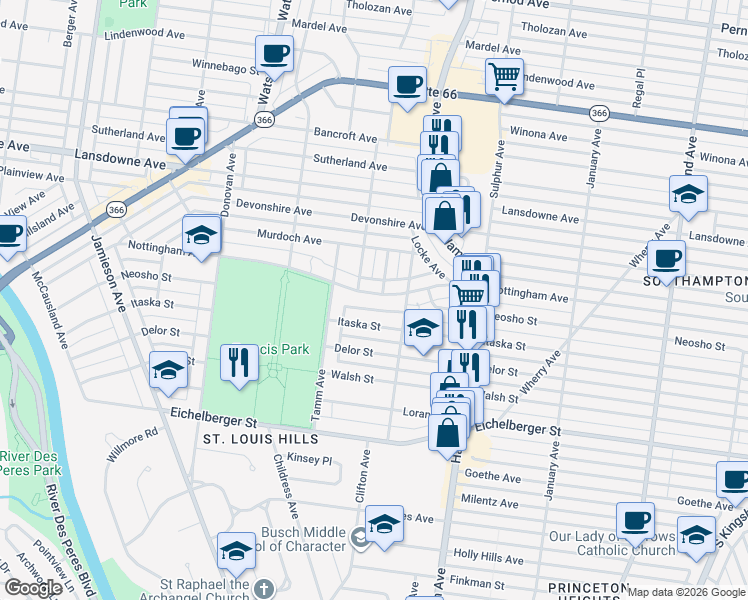 map of restaurants, bars, coffee shops, grocery stores, and more near 6234 Nottingham Avenue in St. Louis