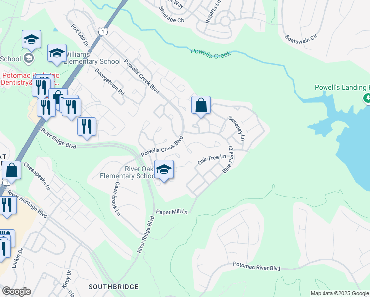 map of restaurants, bars, coffee shops, grocery stores, and more near 16828 Miranda Lane in Woodbridge