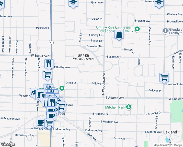 map of restaurants, bars, coffee shops, grocery stores, and more near 400 East Bodley Avenue in Kirkwood