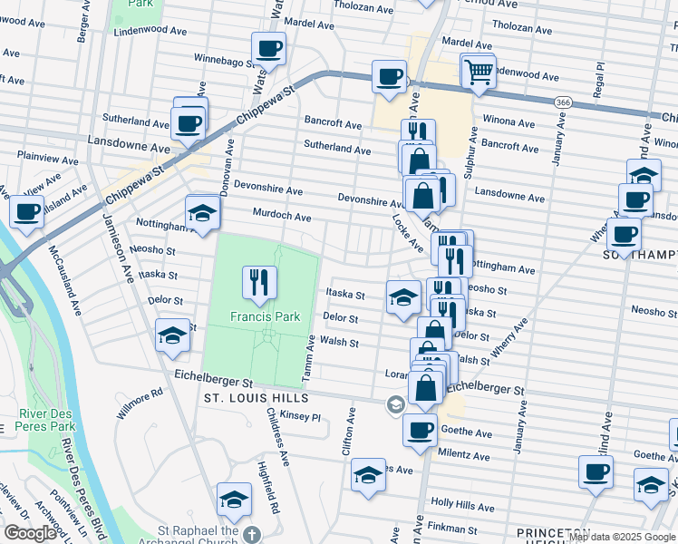 map of restaurants, bars, coffee shops, grocery stores, and more near 4930 Tamm Avenue in St. Louis