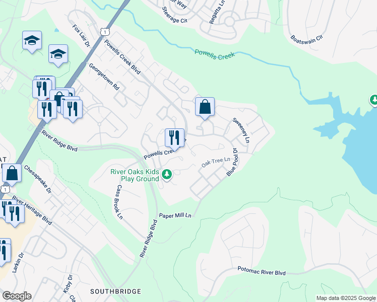 map of restaurants, bars, coffee shops, grocery stores, and more near 16828 Miranda Lane in Woodbridge