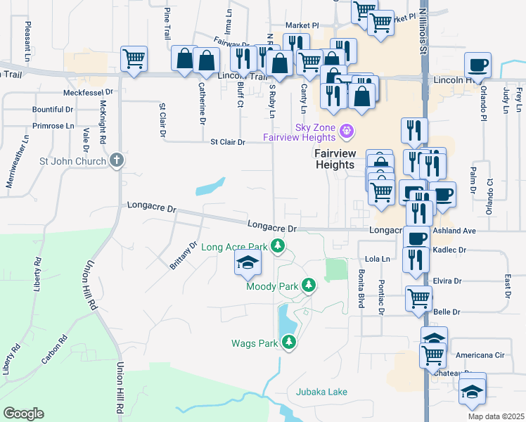 map of restaurants, bars, coffee shops, grocery stores, and more near 340 South Ruby Lane in Fairview Heights