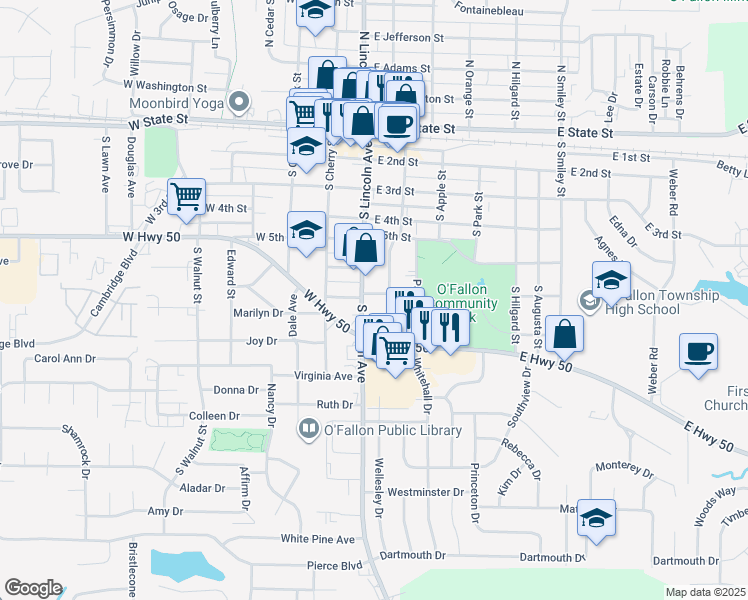 map of restaurants, bars, coffee shops, grocery stores, and more near 103 East 7th Street in O'Fallon