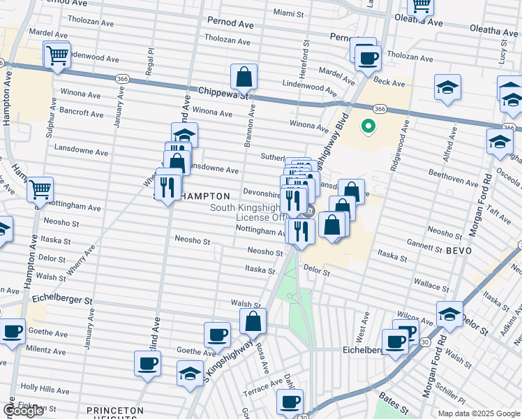 map of restaurants, bars, coffee shops, grocery stores, and more near 5011 Murdoch Avenue in St. Louis