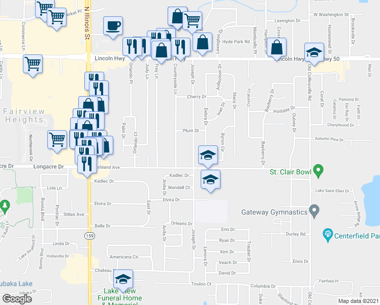 map of restaurants, bars, coffee shops, grocery stores, and more near 225 Joseph Drive in Fairview Heights