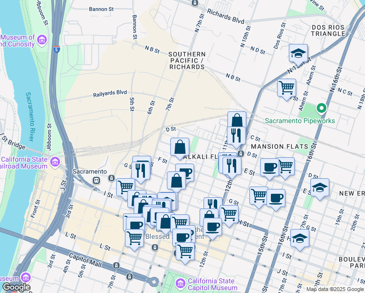 map of restaurants, bars, coffee shops, grocery stores, and more near 815 E Street in Sacramento