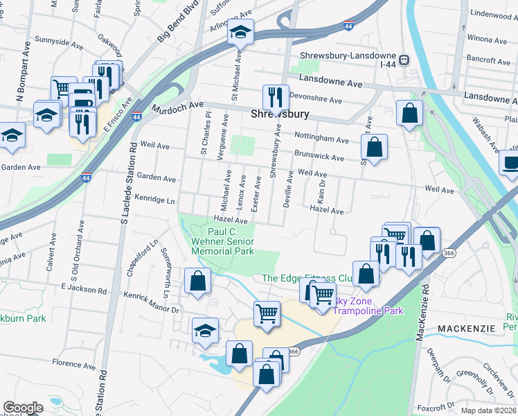 map of restaurants, bars, coffee shops, grocery stores, and more near 5122 Exeter Avenue in St. Louis