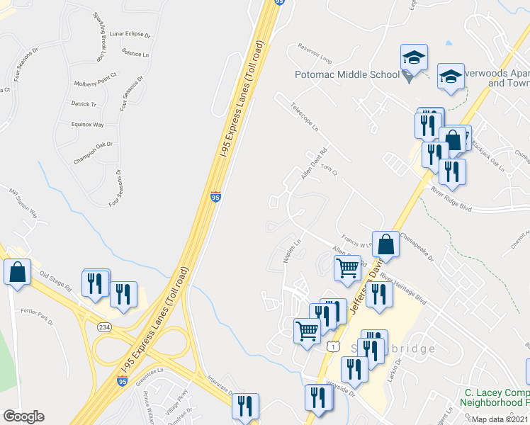 map of restaurants, bars, coffee shops, grocery stores, and more near 3458 Belleplain Court in Dumfries