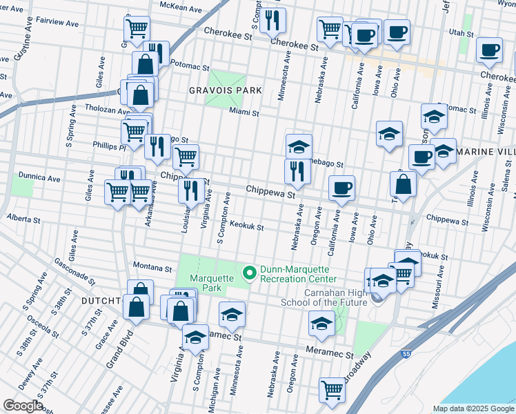 map of restaurants, bars, coffee shops, grocery stores, and more near 3827 Minnesota Avenue in St. Louis
