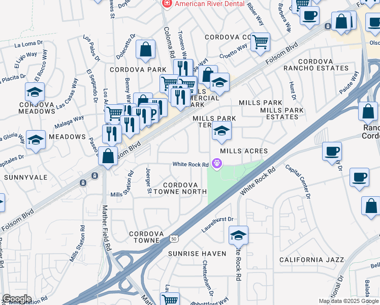 map of restaurants, bars, coffee shops, grocery stores, and more near 10425 White Rock Road in Rancho Cordova