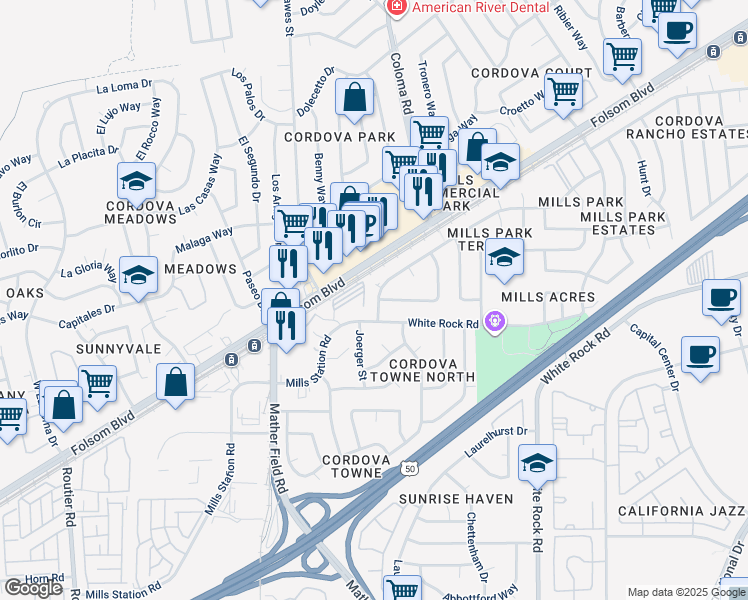 map of restaurants, bars, coffee shops, grocery stores, and more near 10367 White Rock Road in Rancho Cordova