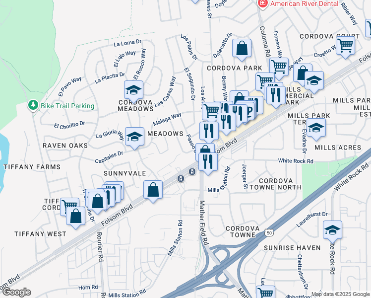 map of restaurants, bars, coffee shops, grocery stores, and more near 2764 El Caprice Drive in Rancho Cordova