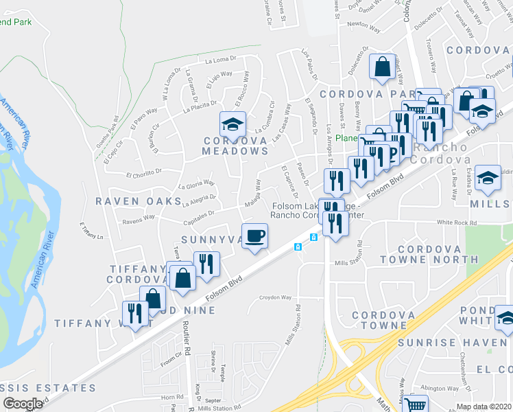 map of restaurants, bars, coffee shops, grocery stores, and more near 2805 La Loma Drive in Rancho Cordova