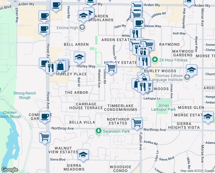 map of restaurants, bars, coffee shops, grocery stores, and more near 1121 Clinton Road in Sacramento