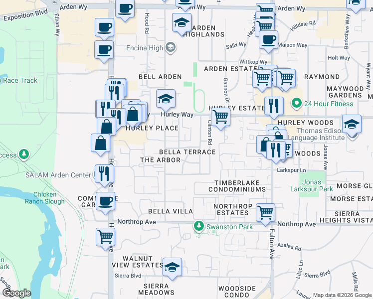 map of restaurants, bars, coffee shops, grocery stores, and more near 1124 Agatha Way in Sacramento