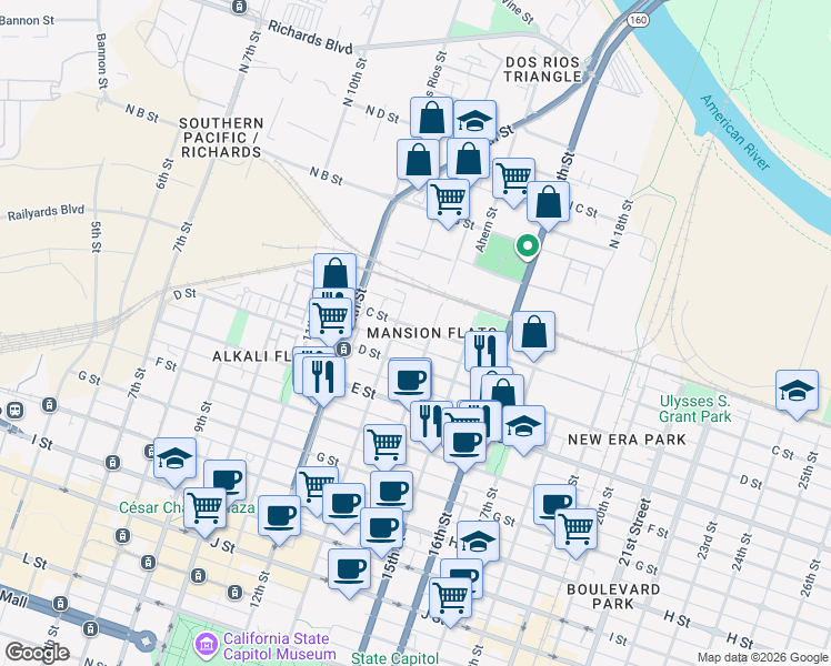 map of restaurants, bars, coffee shops, grocery stores, and more near in Sacramento