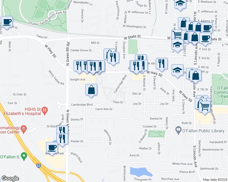 map of restaurants, bars, coffee shops, grocery stores, and more near 749 Michael Street in O'Fallon