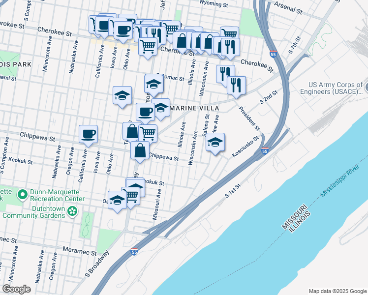 map of restaurants, bars, coffee shops, grocery stores, and more near 2101 Chippewa Street in St. Louis