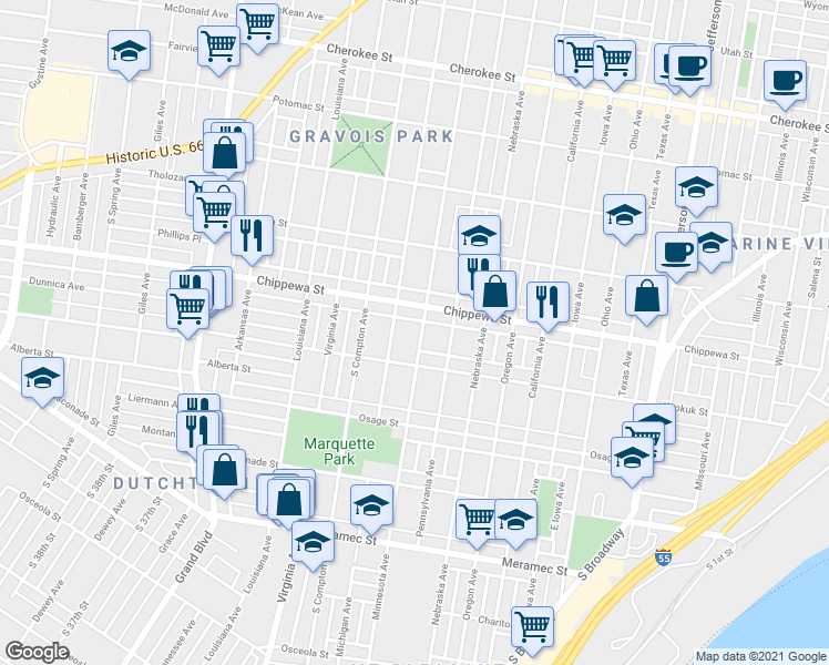 map of restaurants, bars, coffee shops, grocery stores, and more near 3844 Michigan Avenue in St. Louis