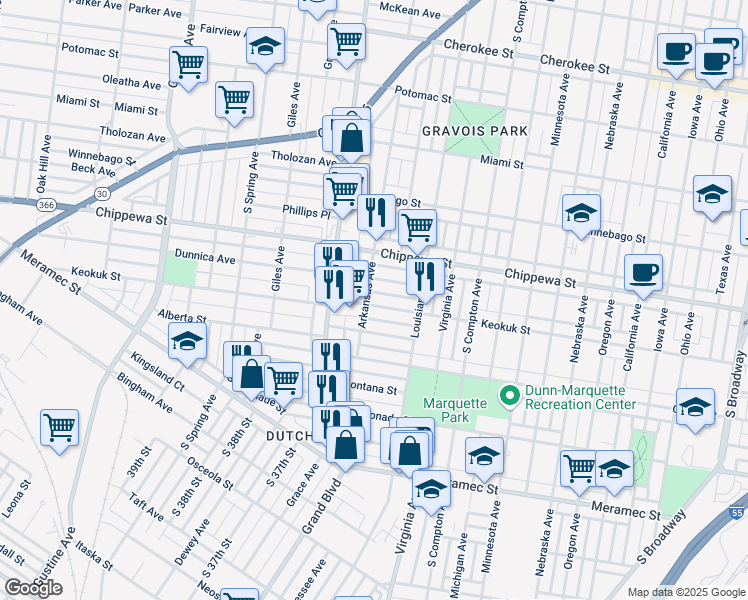 map of restaurants, bars, coffee shops, grocery stores, and more near 3456 Keokuk Street in St. Louis