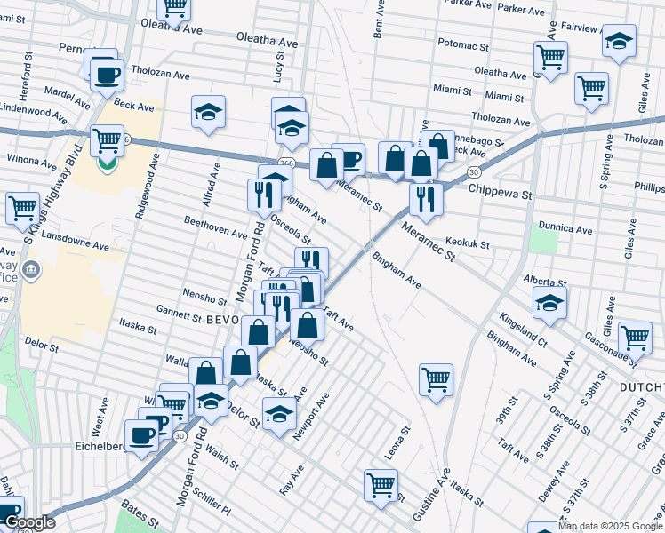 map of restaurants, bars, coffee shops, grocery stores, and more near 4405 Gravois Avenue in St. Louis